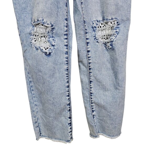 Sonoma Distressed Acid Wash Denim Overalls Girl 14 Lace Knee Patch Raw Hem Retro - Picture 3 of 9